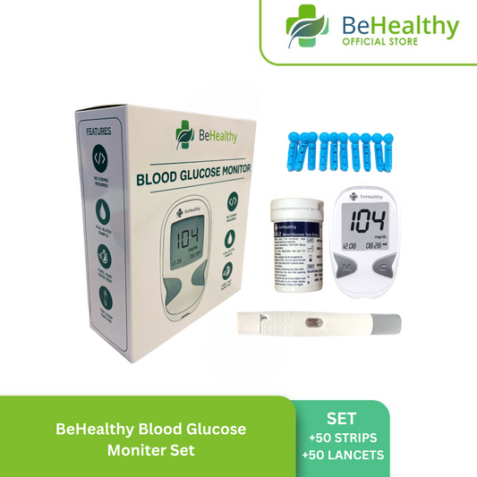 BeHealthy Blood Glucose Monitor Set 50s - 50 Sugar Test Strips, 50 Lancet Needles and Lancing Device